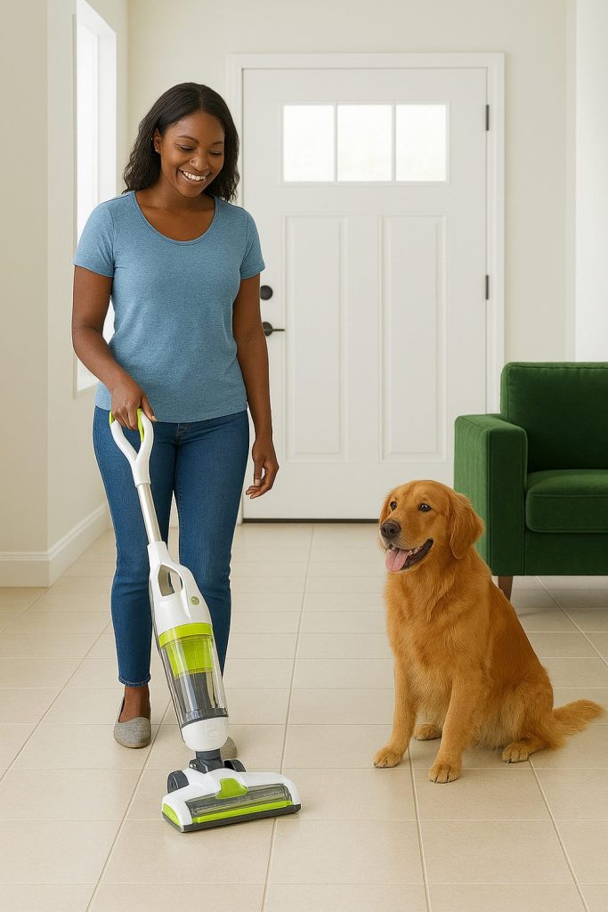 Best vacuum for hardwood and tile floors being used in a bright home with a pet.