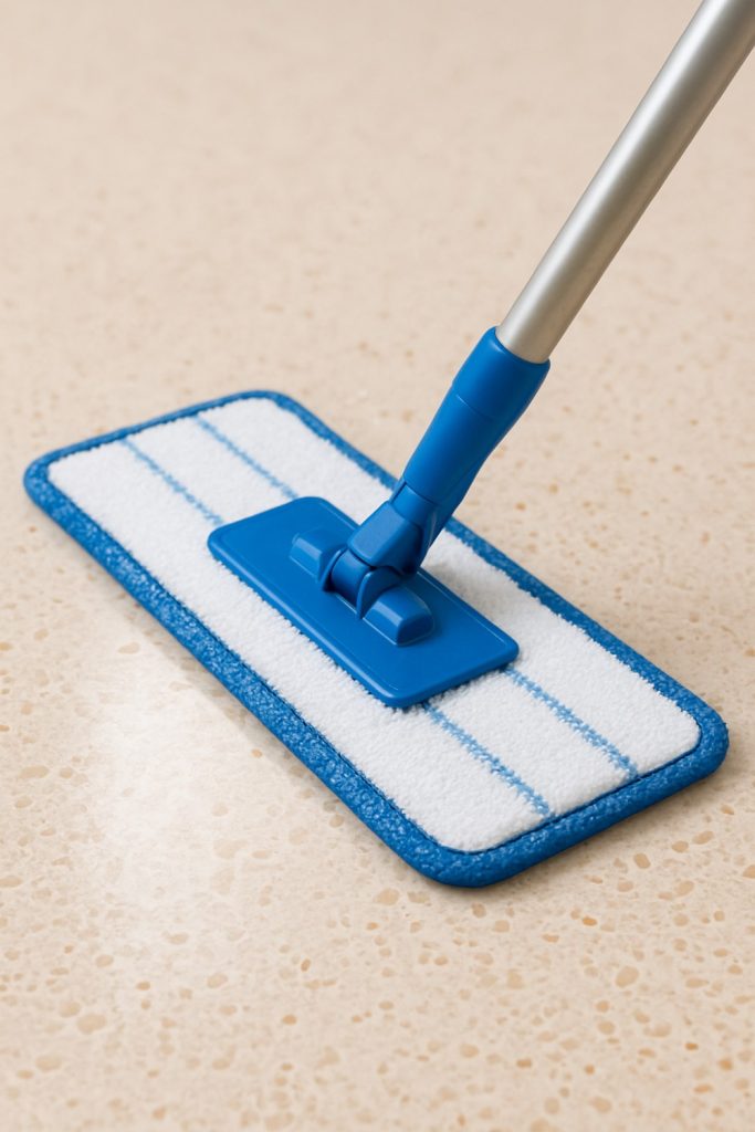Close-up of a microfiber mop mopping a terrazzo floor to a streak-free shine.