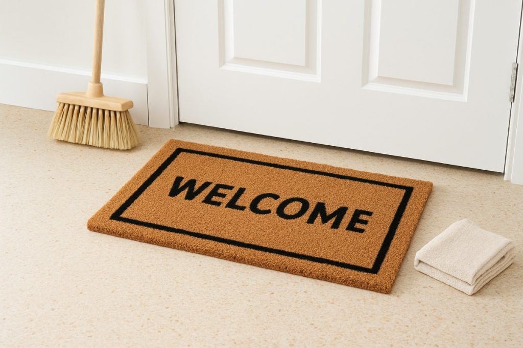 Entry mat and dust mop used to keep terrazzo floors clean and protected