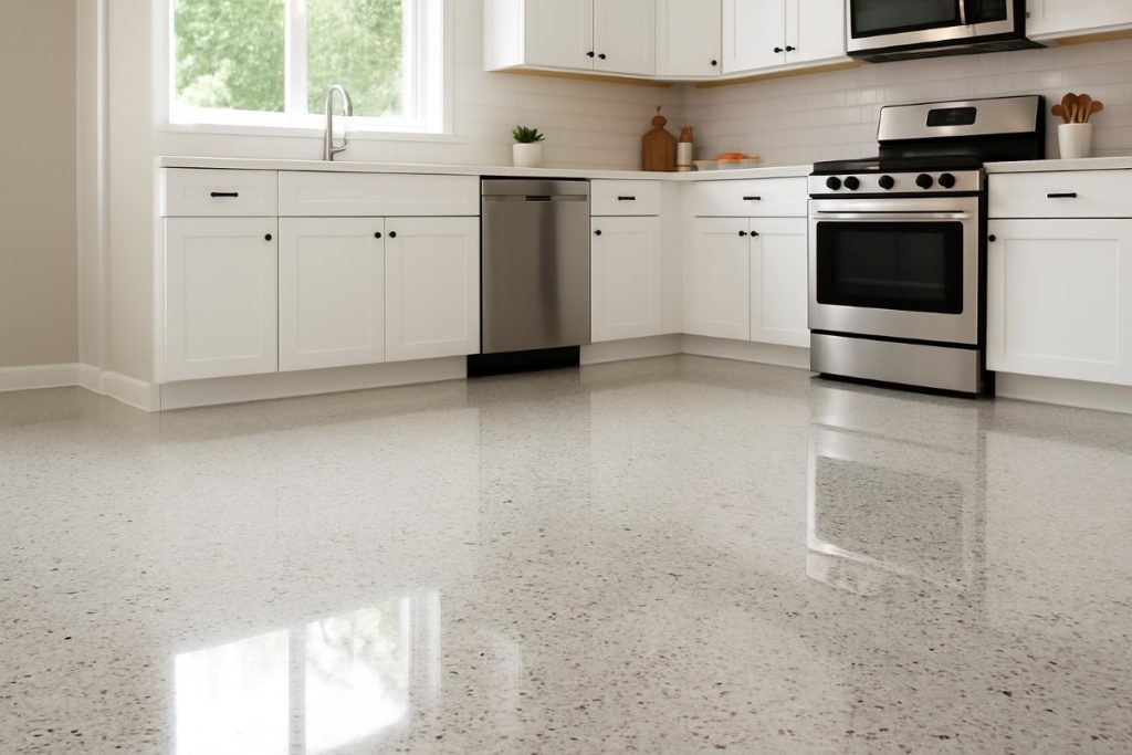 Glossy terrazzo floor in a bright modern kitchen.