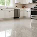 Glossy terrazzo floor in a bright modern kitchen.