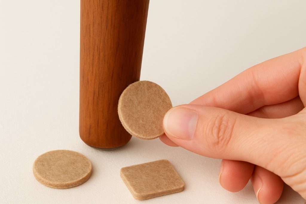 Close-up of felt pads being applied to a furniture leg