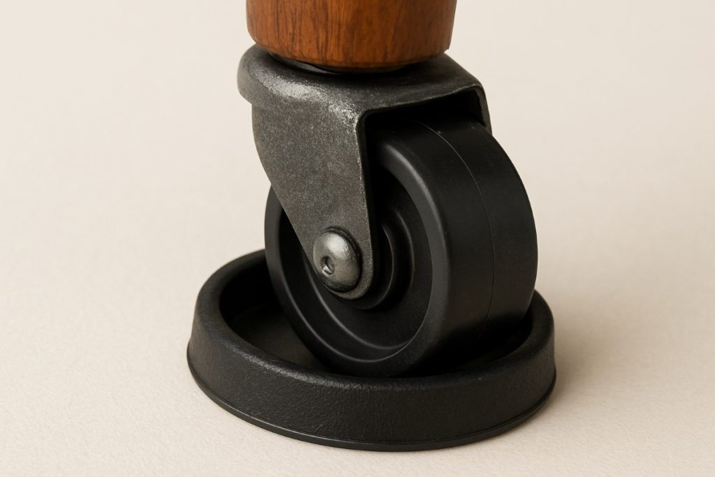 Close-up of a furniture caster wheel resting in a protective caster cup