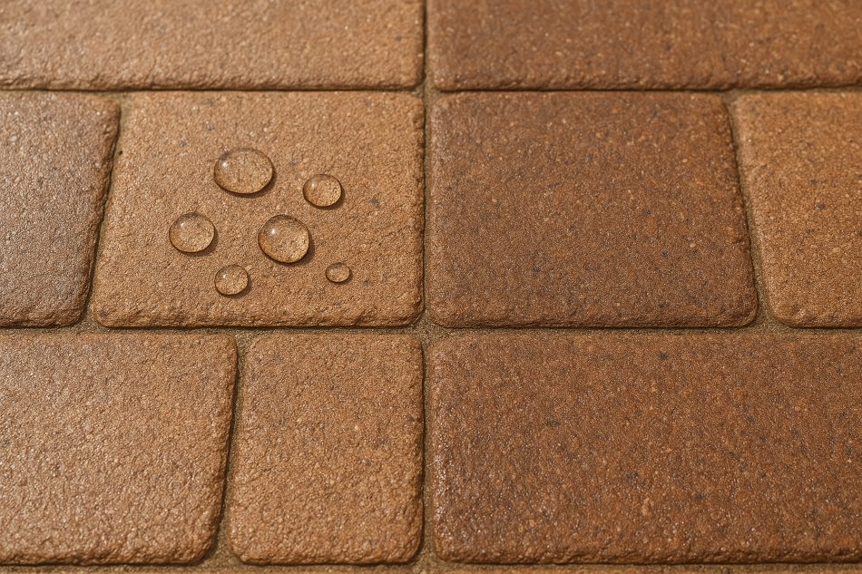 Water beading on sealed pavers during a water test.