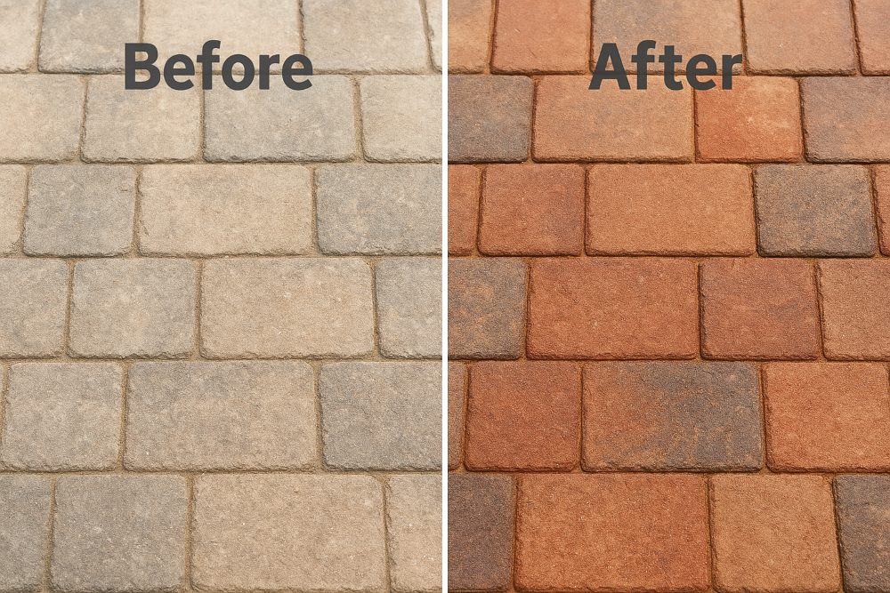 Before-and-after comparison showing faded pavers next to freshly resealed, vibrant pavers