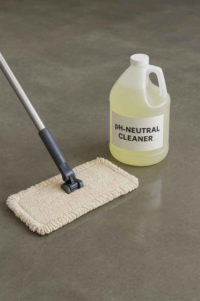 Microfiber dust mop and pH-neutral cleaner being used on a polished concrete floor.