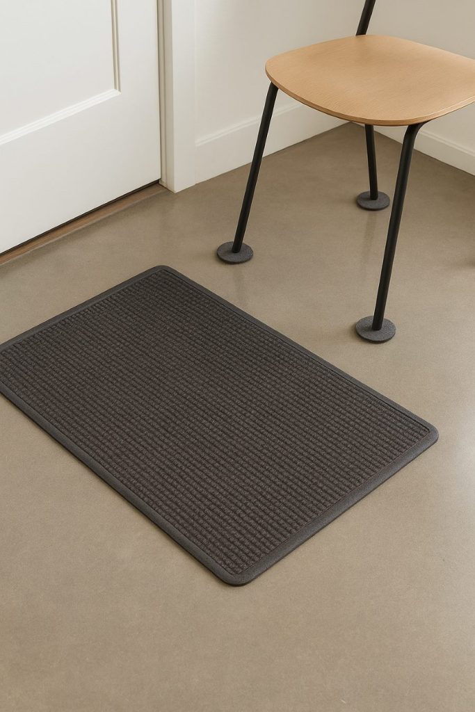 Floor mat at entryway and furniture pads under chair legs protecting polished concrete floors.