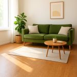 A modern living room with a beautiful cork floor