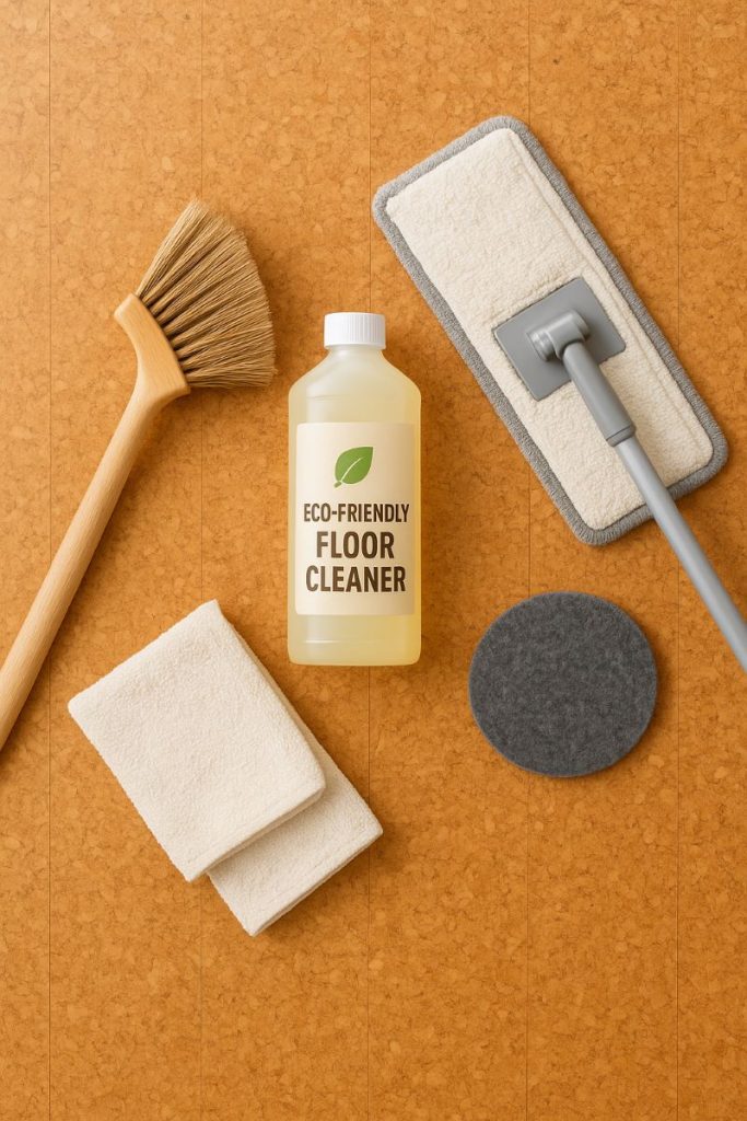 Eco-friendly floor cleaner, mop, brush, and cleaning cloths on cork floor