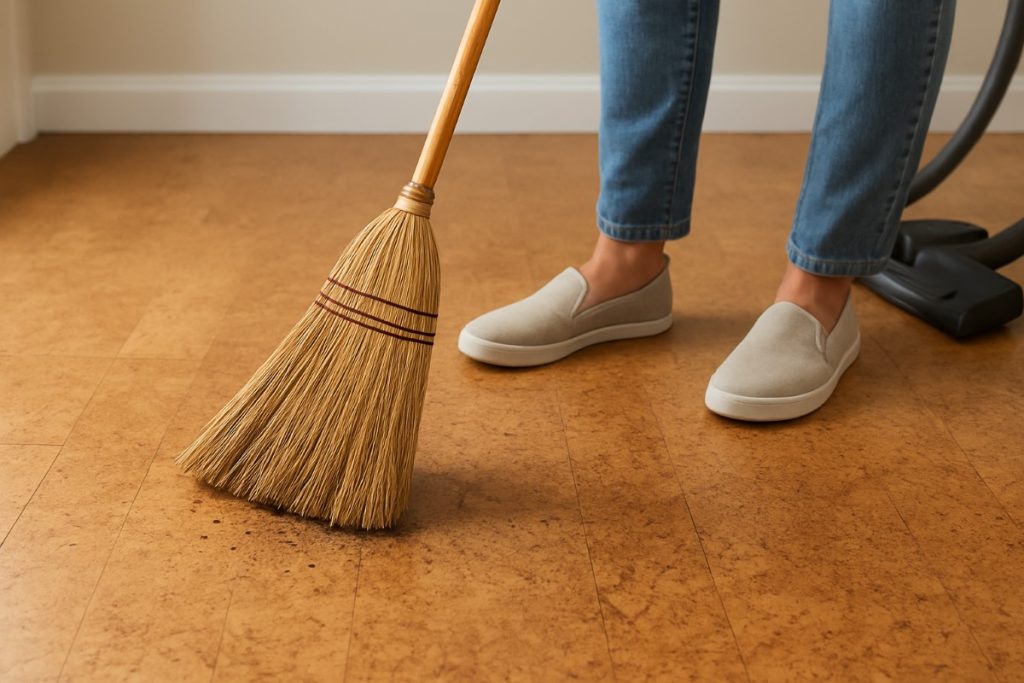 Soft-bristled broom sweeping cork floor to remove dust