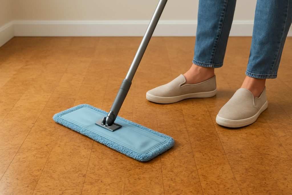 Lightly damp microfiber mop cleaning cork flooring—how to clean cork floors