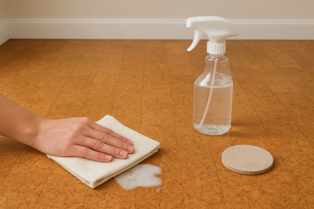 Hand blotting a spill on cork floor with cloth beside spray bottle—how to clean cork floors
