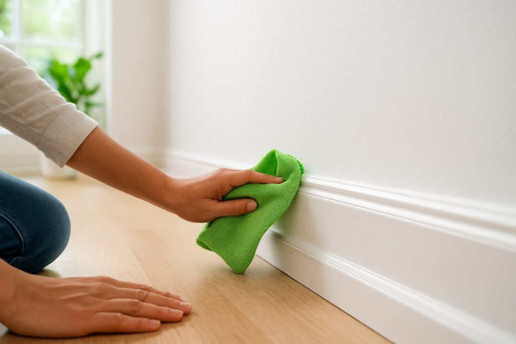 Hand wiping a dirty baseboard clean with a green microfiber cloth in a bright, airy room.