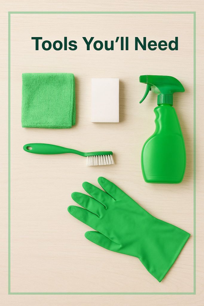 Flat lay of green cleaning tools on a light wooden floor, including microfiber cloths, gloves, a spray bottle, a Magic Eraser, and a small brush.