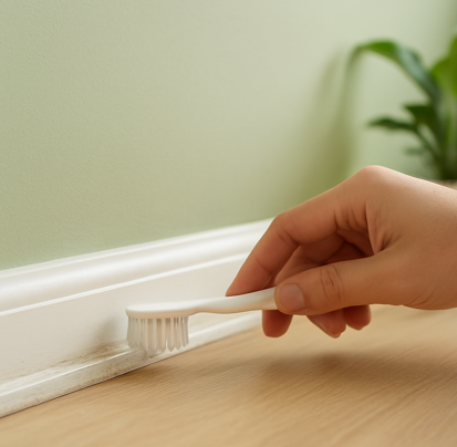 Hand scrubbing a dirty baseboard corner with a small brush to remove grime.