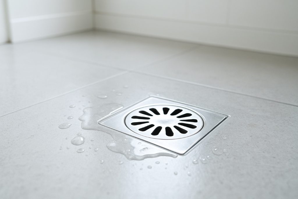 Stainless steel floor drain surrounded by clean water on a light tiled bathroom floor.
