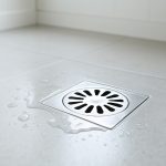 Clean modern floor drain with fresh water on tiled floor