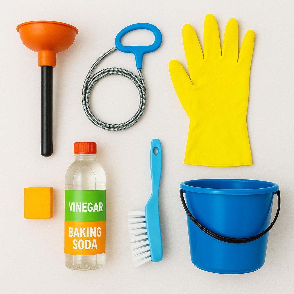 Tools needed to clean floor drains arranged on a flat surface, including a plunger, drain snake, rubber gloves, baking soda, vinegar, scrub brush, and bucket.