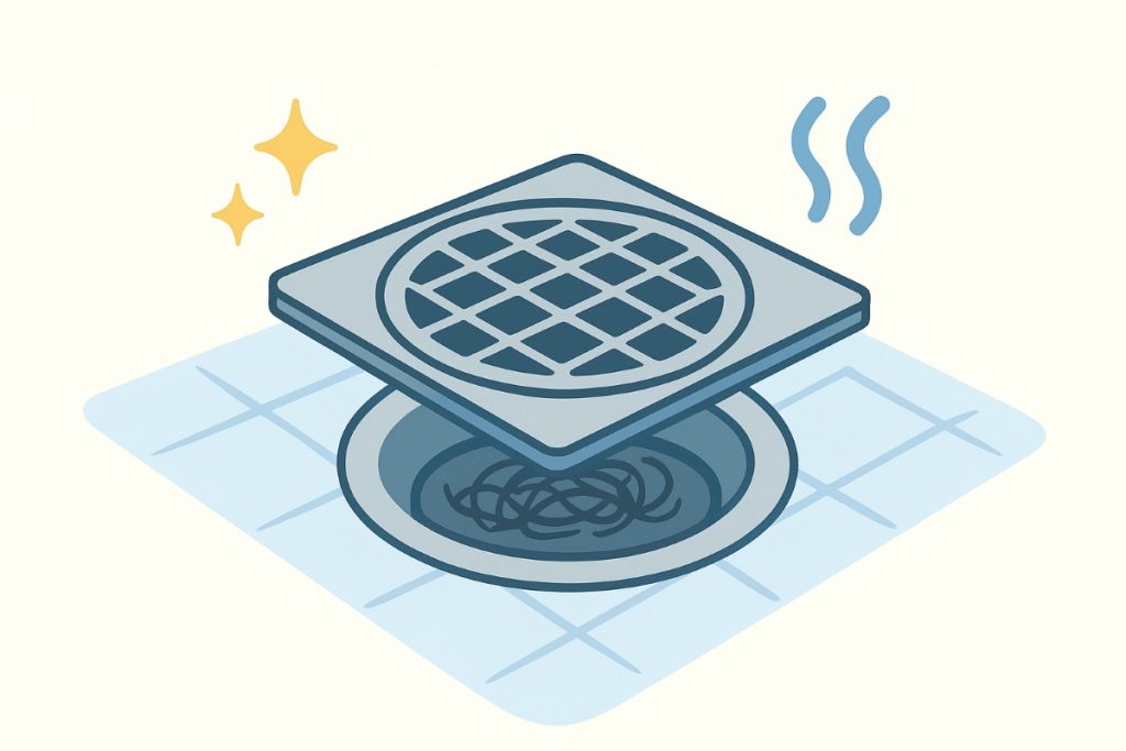 Floor drain with a protective cover catching hair and debris, illustrated with clean sparkles and odor-free icons.