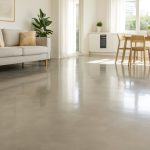Bright modern living room with shiny polished concrete floors.