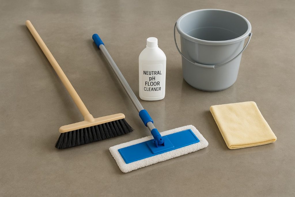 Cleaning tools neatly arranged on a polished concrete floor, including a broom, microfiber mop, cleaner, bucket, and cloth.