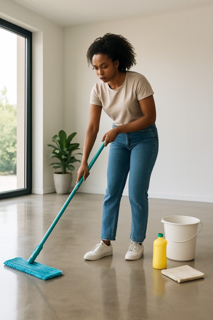 African American woman mopping a polished concrete floor with a microfiber mop.