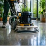 Worker polishing a concrete floor using a large floor grinder in a bright, plant-filled room — demonstrating how to polish concrete floors.