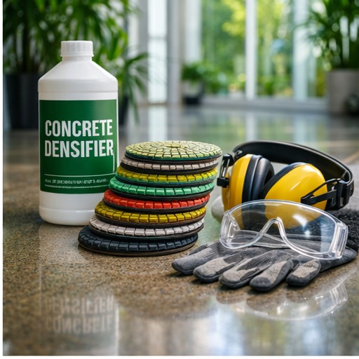 Concrete polishing tools including a densifier bottle, diamond pads, and safety gear laid out for a DIY project on how to polish concrete floors.