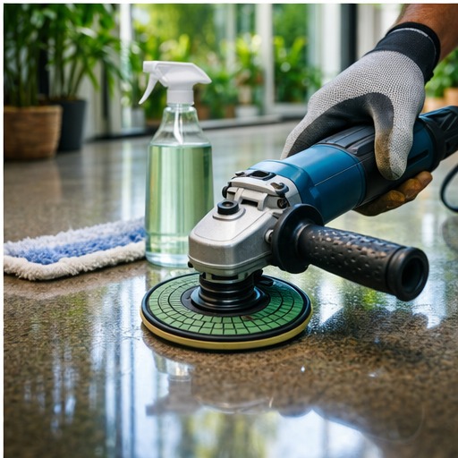 Close-up of a hand using a handheld grinder with a fine-grit polishing pad to achieve a smooth, glossy concrete finish.