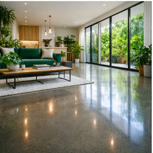 Modern living room with bright natural light and a smooth, glossy polished concrete floor.