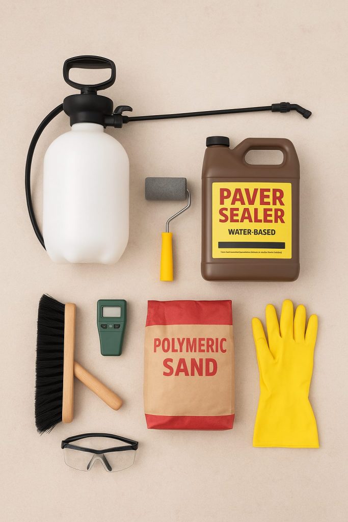 Essential tools and materials for sealing pavers laid out on a flat surface.
