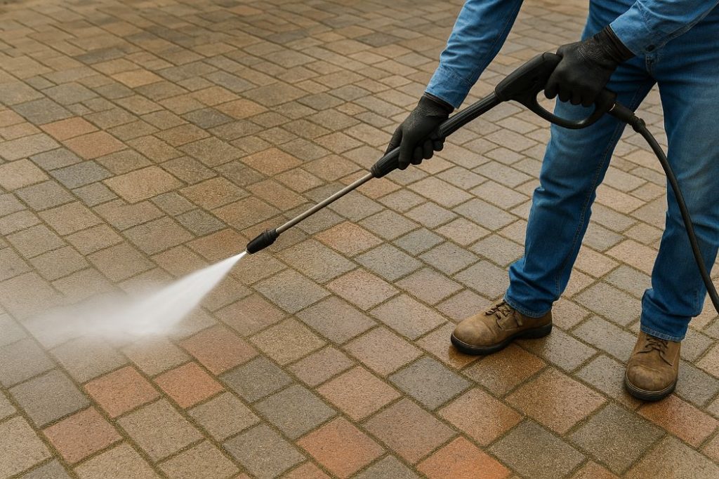Person pressure washing pavers to remove dirt before sealing.