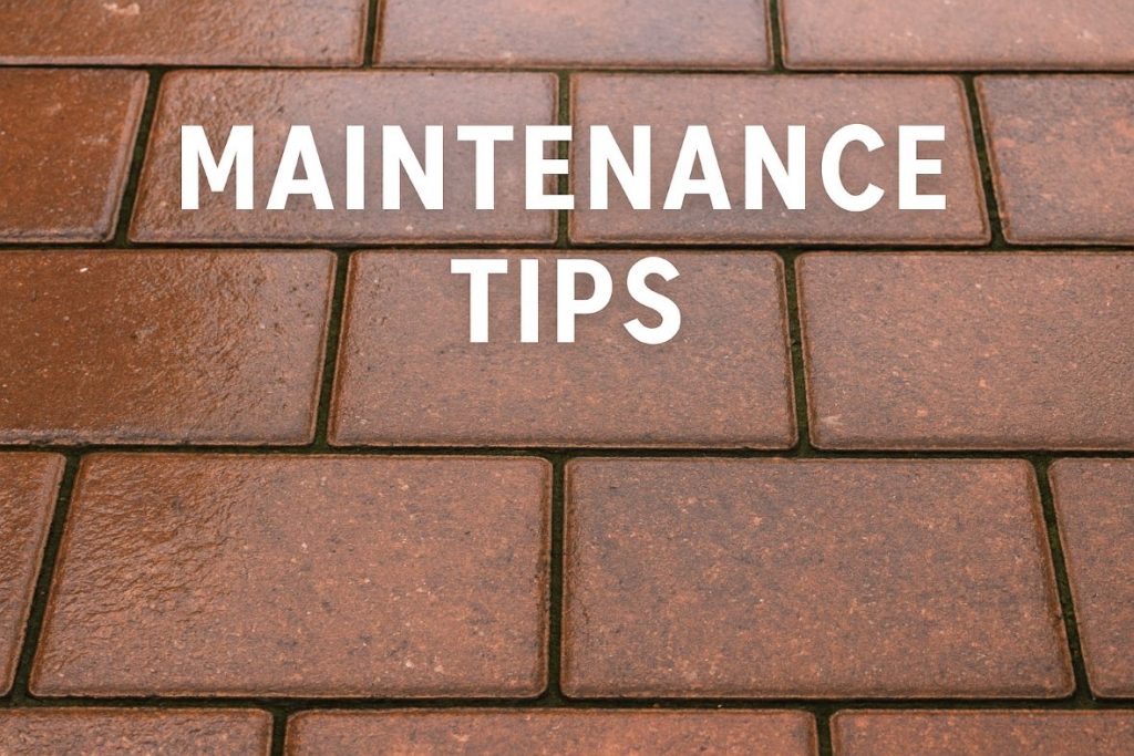 Sealed brick pavers with the words “Maintenance Tips” on top.