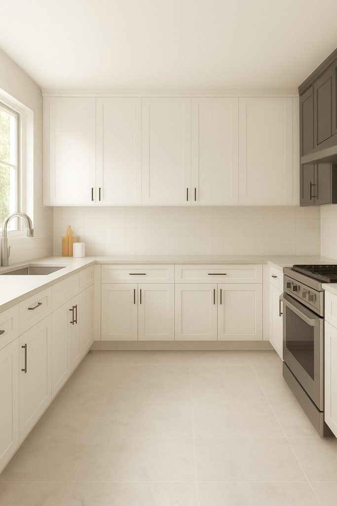 Bright, modern kitchen with white cabinets and light marble floors that make the space feel open and airy.