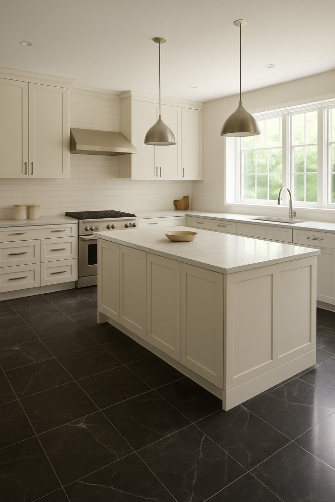 Bright modern kitchen with cream cabinets and dark marble floors creating a bold contrast.
