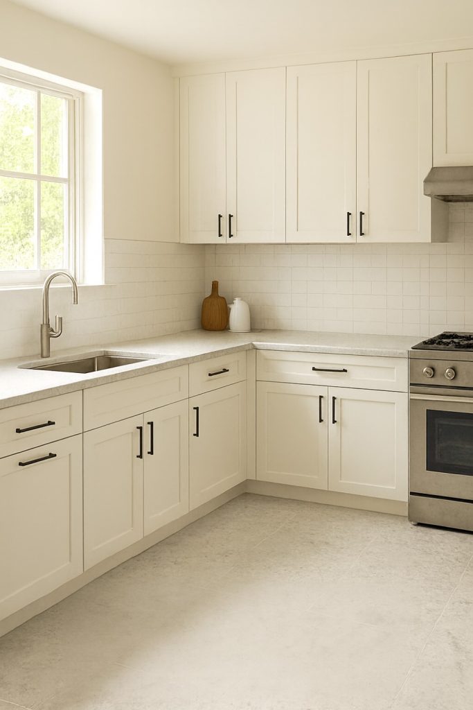 Bright modern kitchen with light marble-style flooring and cream cabinets.