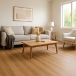 Modern living room with wood-look vinyl plank flooring.