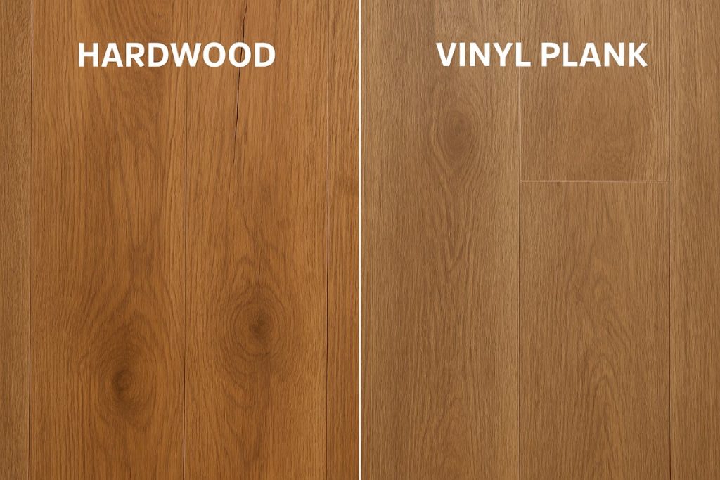 Side-by-side comparison of hardwood and vinyl plank flooring.