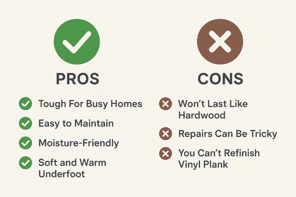 Graphic showing pros and cons of vinyl plank flooring.