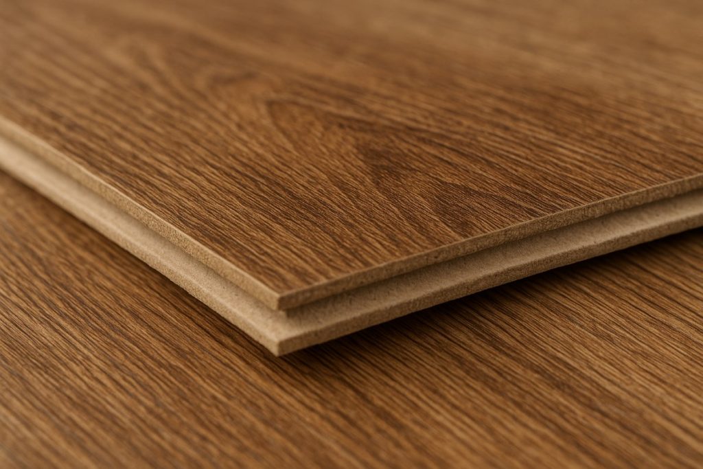 Pros and cons of vinyl plank flooring illustrated with two stacked vinyl planks showing wood-grain texture