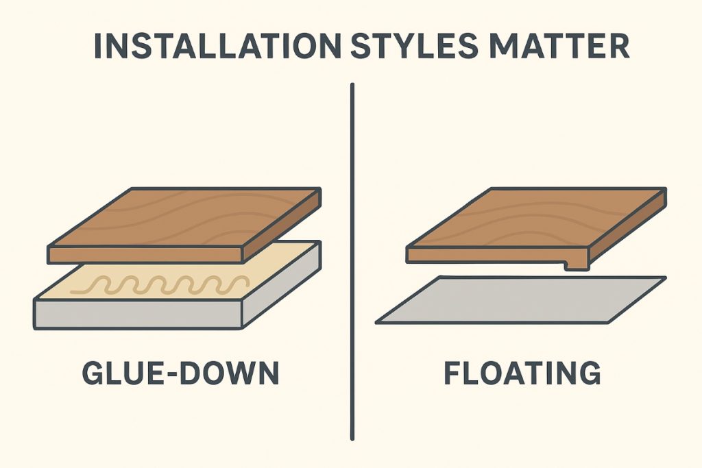 Graphic comparing glue-down and floating vinyl plank installation methods.