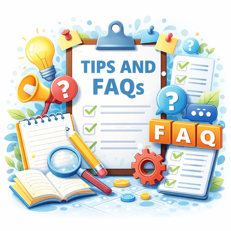 Clipboard titled “Tips and FAQs” with question bubbles, checklist, notebook, and lightbulb.