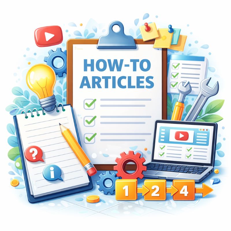 Clipboard labeled “How-To Articles” with tools, laptop tutorial, lightbulb, and step icons.