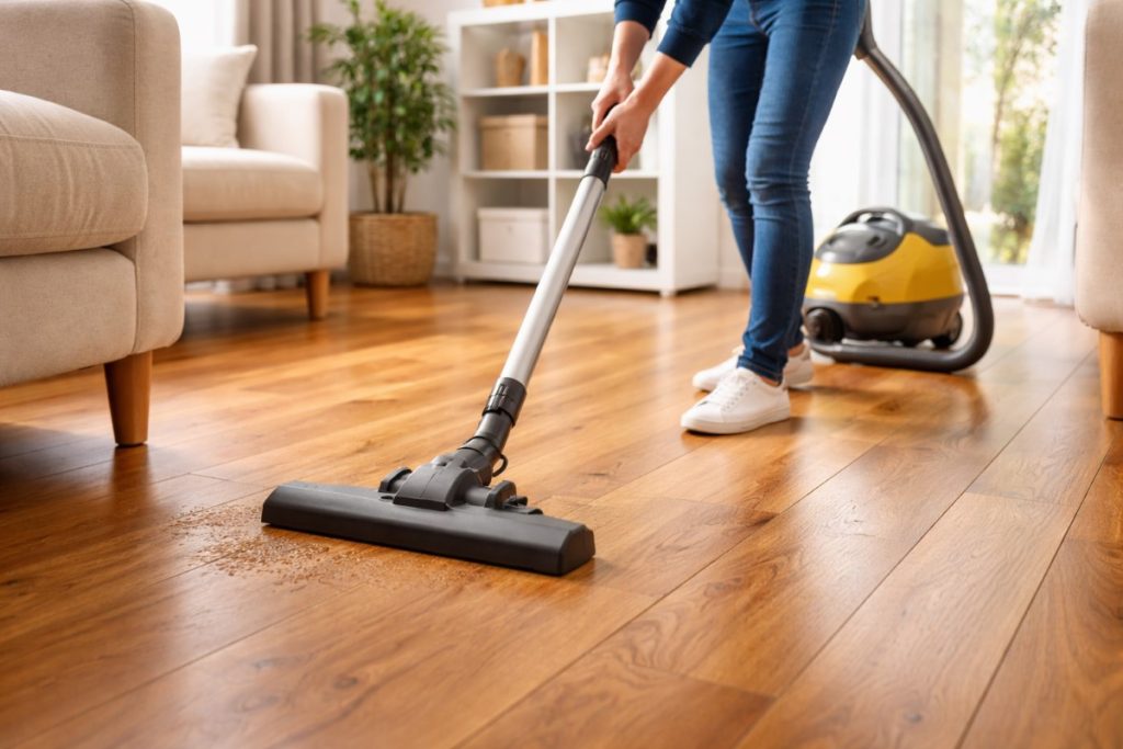 Person vacuuming hardwood floor with furniture moved aside in bright room.