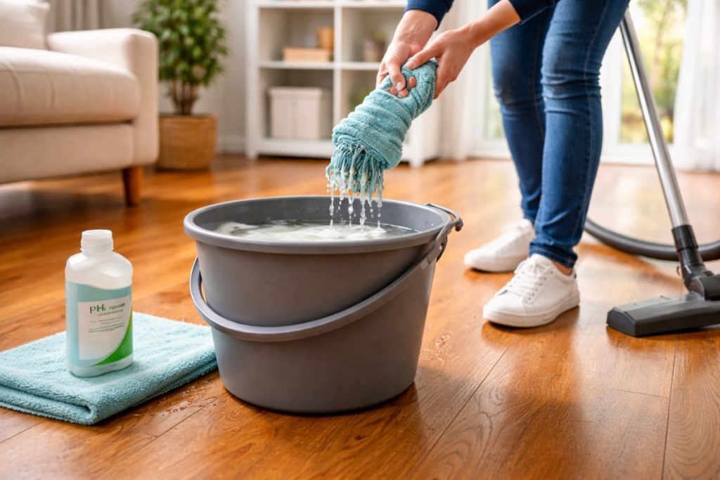 Person wringing microfiber mop over bucket while mopping hardwood floor.