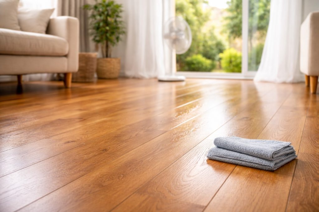 Shiny, freshly cleaned hardwood floor with folded microfiber cloth nearby in bright room.