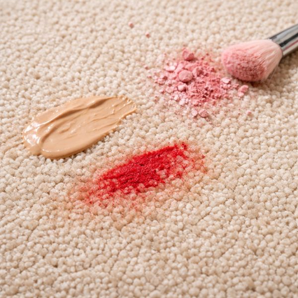 makeup stains on beige carpet with foundation smear, lipstick mark, and powder spill close-up
