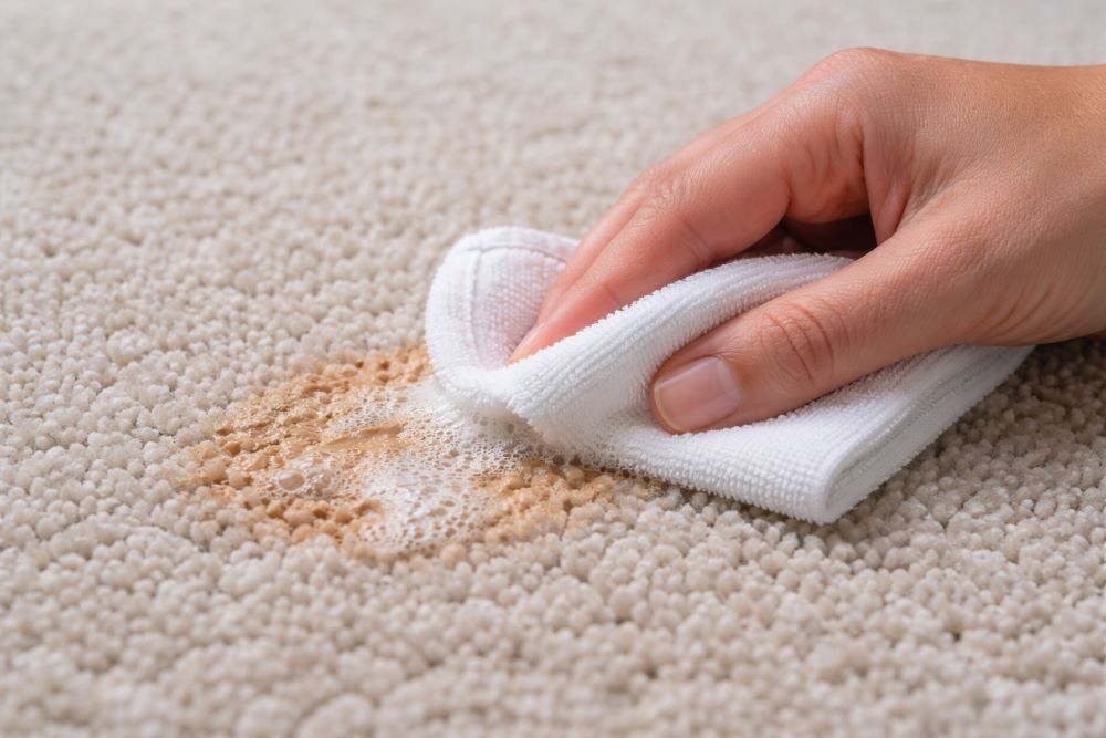 Blotting foundation stain from carpet using mild cleaning solution