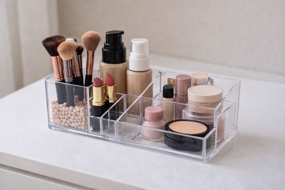 Makeup organizer keeping brushes, foundation, and cosmetics neatly arranged to prevent spills
