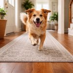 Dog running on hallway runner rug protecting hardwood floors.